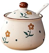 Lifenanny Sugar Bowl with Lid and Spoon, 300ml Floral Ceramic Condiment Jars Pots 10 OZ Spice Con...