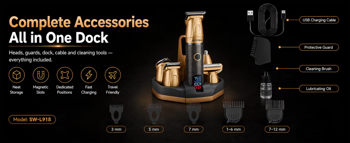 KOOBA 6-in-1 magnetic grooming kit with charging dock and beard trimmer
