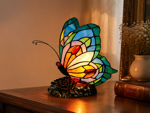 Bieye L10040 Butterfly Tiffany Style Stained Glass Accent Table Lamp