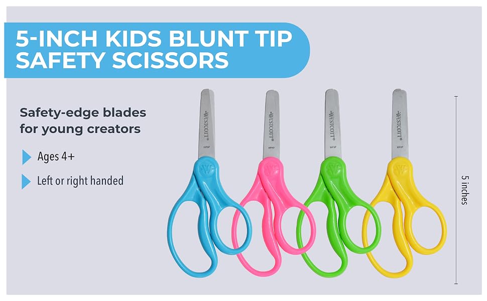 Image of four pairs of scissors for boys and girls with text reading kids blunt tip safety scissors