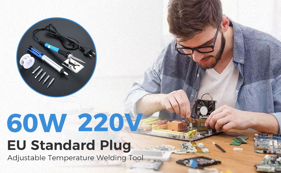 Soldering Iron Kit, 60W 220V Adjustable Temperature Welding Tool, including 5PCS Replacement Tips