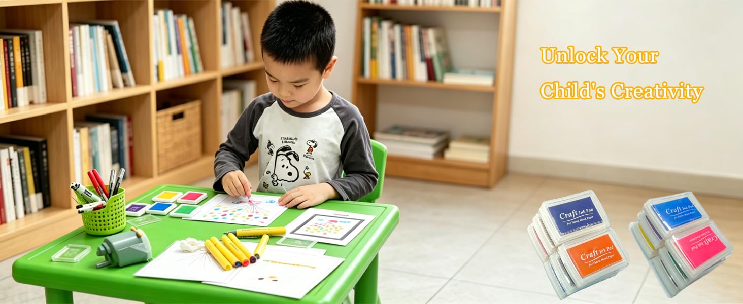 child finger painting rainbow with washable ink pad, non toxic stamp pad for kids craft