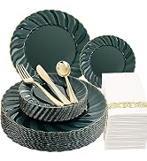 YOUBET 150PCS Green Plastic Plates with Gold Rim- Green Plates Include 25 Dinner Plates, 25 Salad...