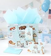 JAYTEM 13" Baby Gift Bag, Large Blue Baby Boy Gift Bag, Dreamy Animal Gift Bags with Greeting Car...