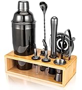 Black Cocktail Shaker Set, Premium 18/8 Stainless Steel Mixology Bartender Kit with Stylish Bambo...
