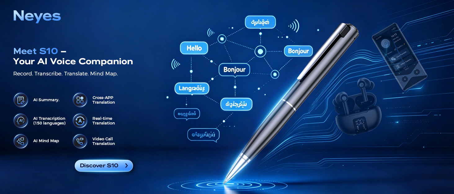 S10 AI recorder transcribe translate mind map device brand banner