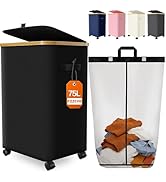 Laundry Hamper with Wheels, 75L Large Clothes Hamper with Removable Inner Bag, Collapsible Dirty ...