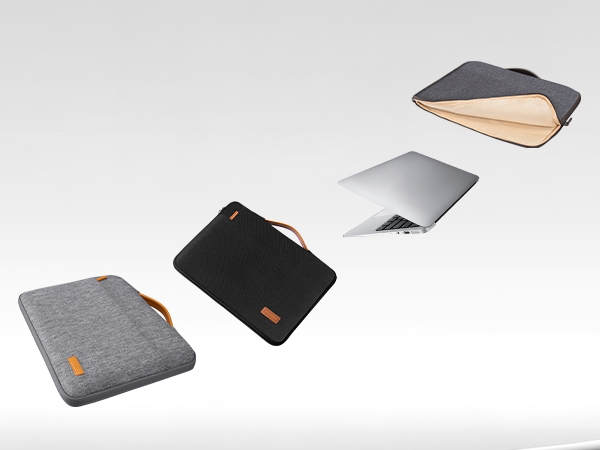 Product series showing a sleek laptop sleeve or case in gray fabric with leather accents, displayed from multiple angles showing various features and closure details.