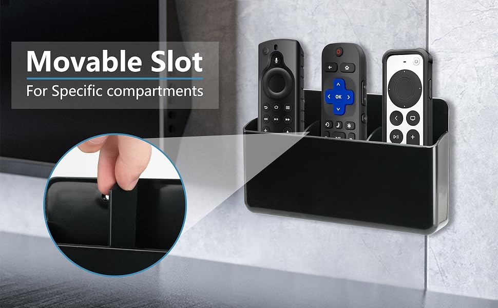 Wall-mounted remote control holder with movable slot. Black rectangular box contains three TV remotes. Inset image shows finger adjusting slot divider.