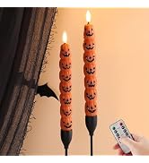Eywamage Halloween Flameless Taper Candles with Remote, Orange Pumpkin LED Candlesticks Battery O...