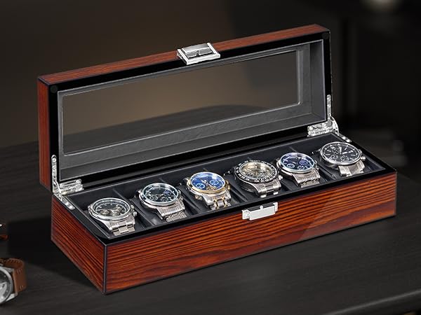 BEWISHOME Watch Box, 6 Slot Mens Watch Case, Watch Storage Organizer for Men, Watch