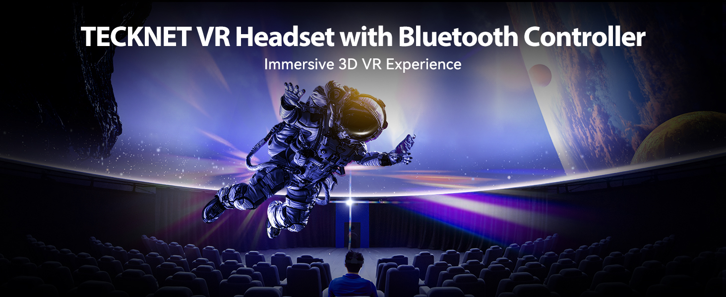 A futuristic virtual reality environment with glowing neon lights and abstract shapes surrounding