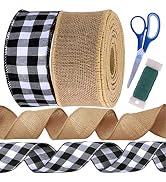 Winlyn 24 Yards 2 Rolls Black and White Buffalo Check Plaid Wired Ribbon Gingham Ribbon and Natur...