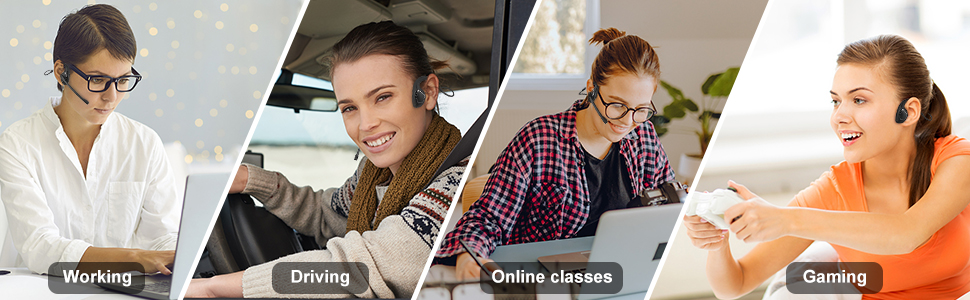 Four-panel image showing people in different activities: working, driving, attending online classes, and gaming.