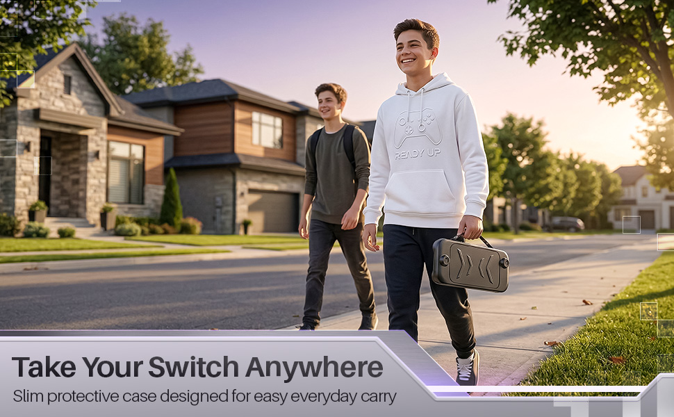 Lifestyle walk-and-carry scene featuring switch 2 case for daily portability.