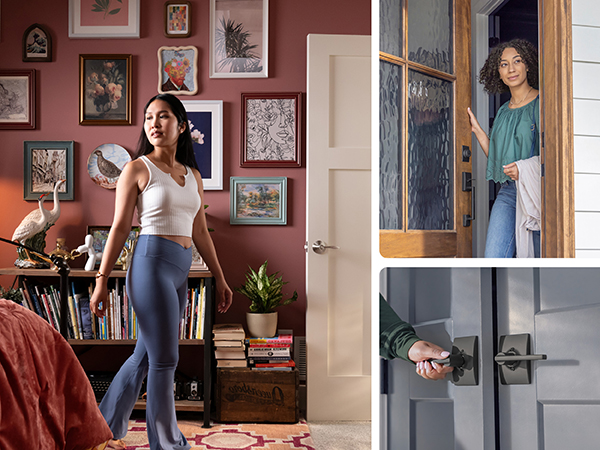 Various people in bedrooms, closets and front doors using Schlage door hardware to fit their style