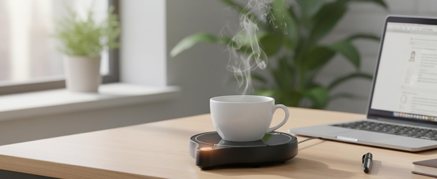 ZenthermoRui black cup warmer on tidy home desk with laptop and ceramic mug