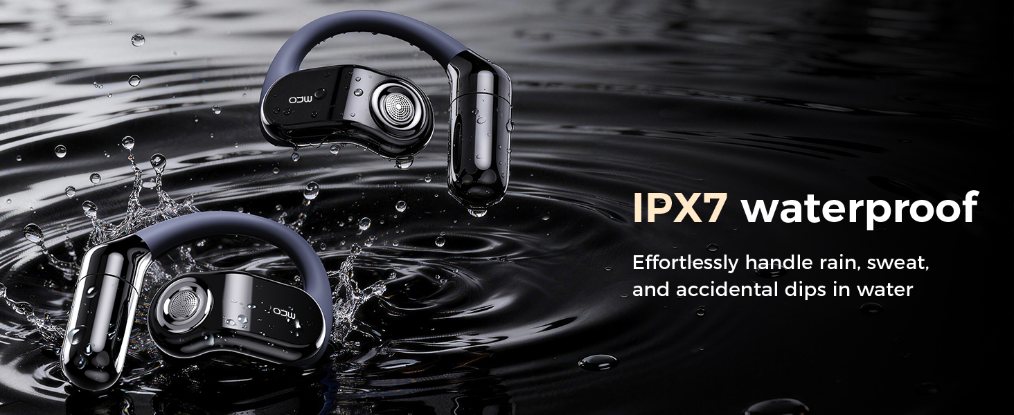 Text reads 'IPX7 waterproof' and 'Effectively handle rain, sweat and accidental dips in water'. Black and silver automotive or audio equipment components.