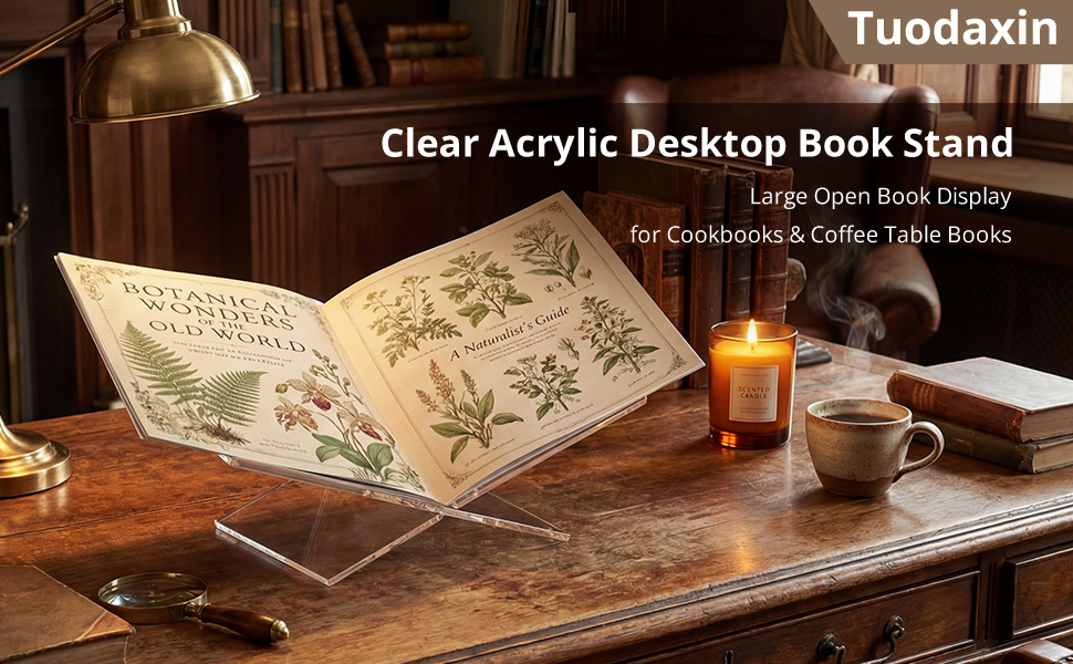 clear acrylic desktop book stand displaying open botanical book on wooden desk