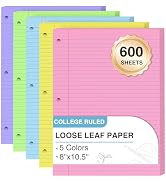 600 Sheets Loose Leaf Paper 8 x 10.5, 5 Colors Lined Paper College Ruled, 3 Ring Binder Paper 120...