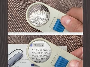 Split screen image of a magnifier being shown magnifying a coin and fine print