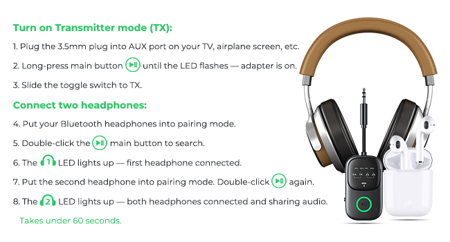 Bluetooth Transmitter user Instructions: how to connect two headphones