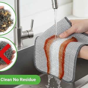 Silver wire dishcloth rinsing clean, water flowing through mesh, clean hygienic kitchen