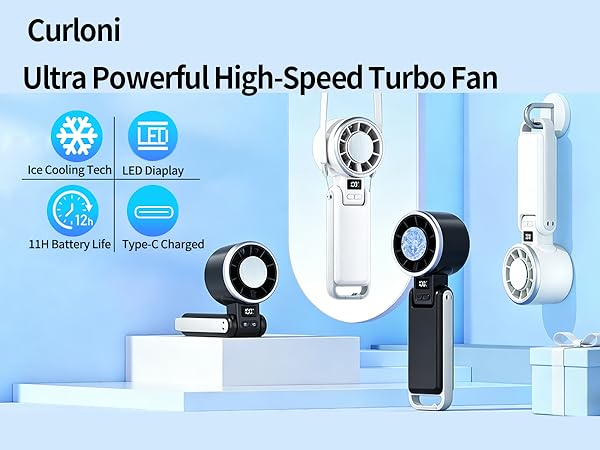 Text reads "Curloni Ultra Powerful High-Speed Turbo Fan" with product specifications showing "LED display", "10 Modes", and "USB Rechargeable". Five white turbo fan devices displayed with wireless remote and charging cable.