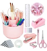 Smloplom Pink Desk Accessories, 11Pcs Desk Organizer with 360°Rotating Pen Holder, Stapler, Stapl...