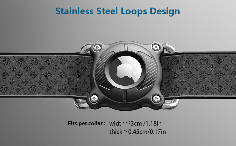 Text reads: 'Stainless Steel Loops Design' and 'Fits pet collar: width = 3cm / 1.18in thick =0.3cm/0.12in'. Shows circular metal design on patterned gray background.