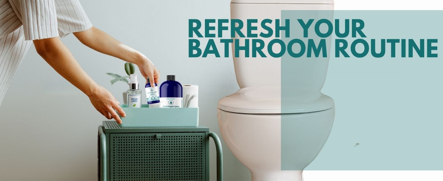 woman in bathroom placing pristine toilet paper spray wet wipe alternative next to toilet