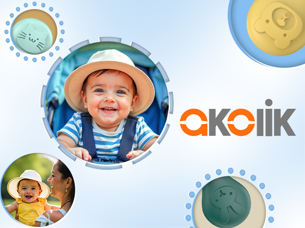 Promotional image for Akolik featuring circular frames with baby photos, colorful cartoon animal designs, and the Akolik logo in orange and gray text.