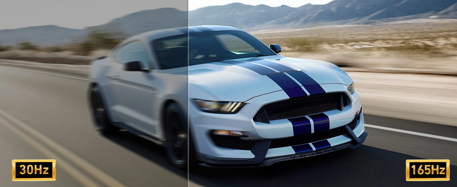 Silver Mustang Shelby GT350 with blue racing stripes driving on desert highway, shown in motion with frame rate comparison.