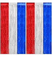 Thicken Red White and Blue Decorations Streamers, 2 Pack 3.3 X 6.6 FT Tinsel Backdrop Curtains, F...