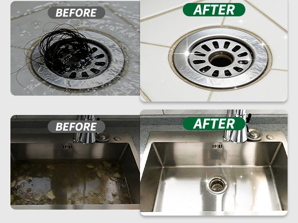 before: clogged bathroom shower drain & kitchen sink drain. after: The blockage has been cleared.
