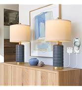 PoKat 21.5'' Bedside Table Lamps Set of 2 with USB A+C Ports for Living Room, Ceramic Modern Lamp...