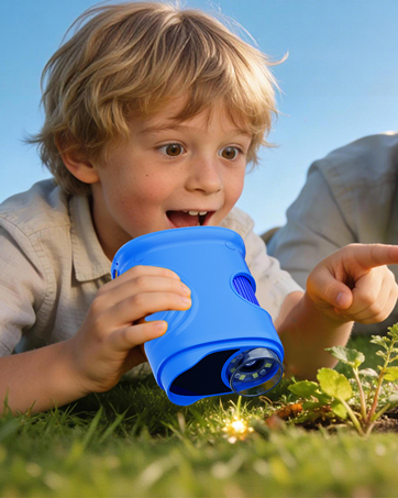 Close-up view of a bright blue viewing device being used outdoors on grassy ground in natural lighting conditions