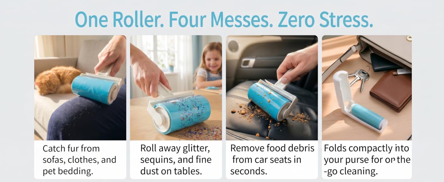 Catch fur from sofas, clothes, and pets.Roll away glitter, sequins, and fine dust on tables.