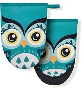 Owl Cute Green Teal Mini Silicone Oven Mitts, Heat Slip Resistant Kitchen Gloves 2-Pack Set, Soft...