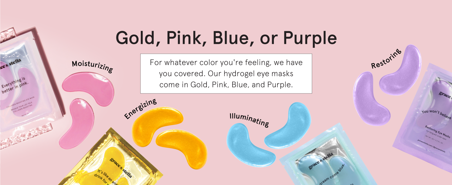 Our under eye masks are available in anti wrinkle gold, collagen boosting pink and hydrating blue