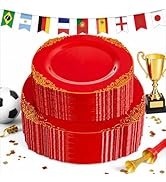Joyido 102PCS Red and Gold Plastic Plates - Red Plates Disposable - Vintage Plastic Plate with Go...