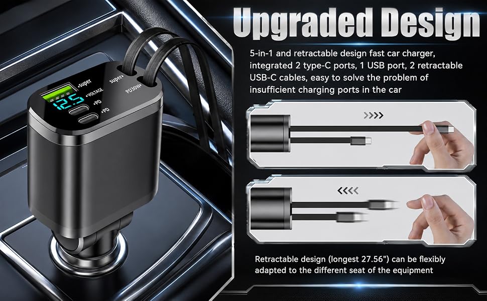 UPGRADED CAR PHONE CHARGER WITH PD 30W CABLE & USB FAST CHARGING PORT