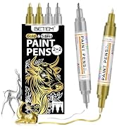 Betem Oil Based Paint Markers, Dual Tip Paint Pens(0.7mm & 3mm), Gold Silver Permanent Paint Mark...
