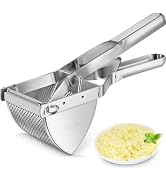 Stainless steel potato ricer with ergonomic handles and perforated basket. Shown with processed potato results on side plate.
