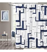 BTTN Navy Blue Shower Curtain - Modern Geometric Waffle Weave Fabric Shower Curtain Set with 12 M...