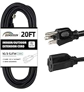 HONDERSON 20FT Outdoor Extension Cord-16/3 SJTW Durable Black Extension Cable with 3 Prong Ground...