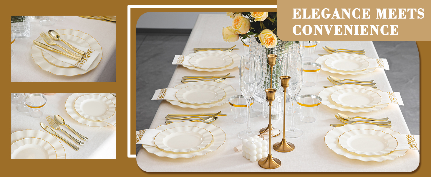Gold and Ivory Plastic Dinnerware Set