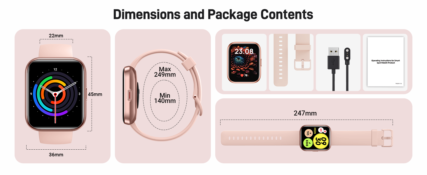 Smartwatch package contents: watch with square face showing colorful display, detached pink band, charging cable, and manual. Dimensions of watch face and band shown.