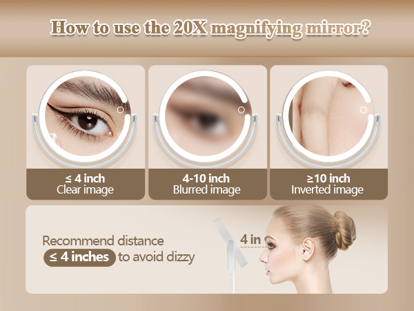 Text reads 'How to use the 20X magnifying mirror' with step-by-step instruction panels showing recommended 4-5 inches distance for optimal use.