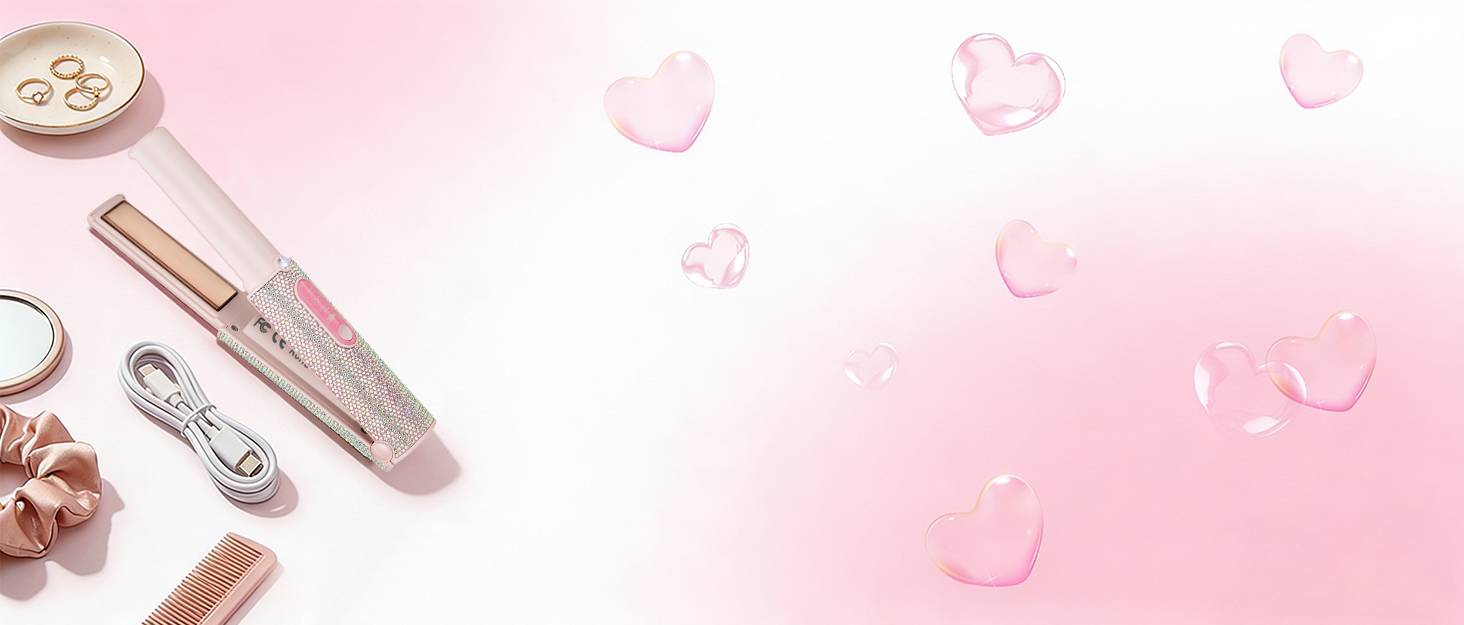 Flat lay of beauty/cosmetic items on pink background: tweezers, beauty tools, and personal care accessories arranged with decorative elements.